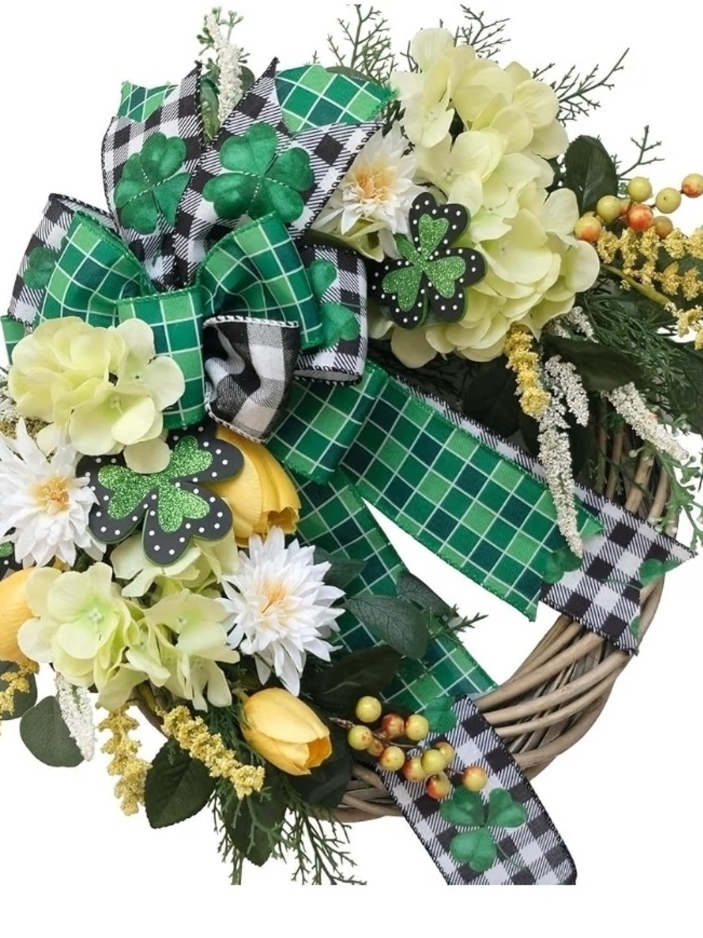 St. Patrick's Day Spring Wreath with Green Plaid Bow & Yellow Accents